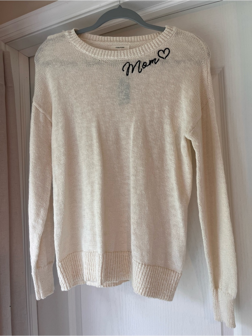 Maurices Cream 'Mom' Heart Embroidered Crew Neck Sweater